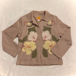 Ruby Rd. Beige Floral Embroidered Button Up Blazer Jacket Cotton
